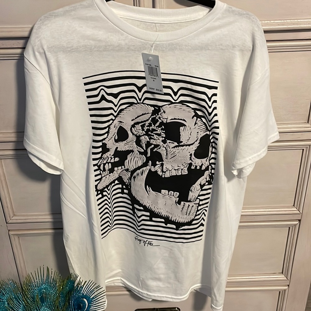 Men’s ring of fire, three-dimensional Skull canvas T-shirt, medium new